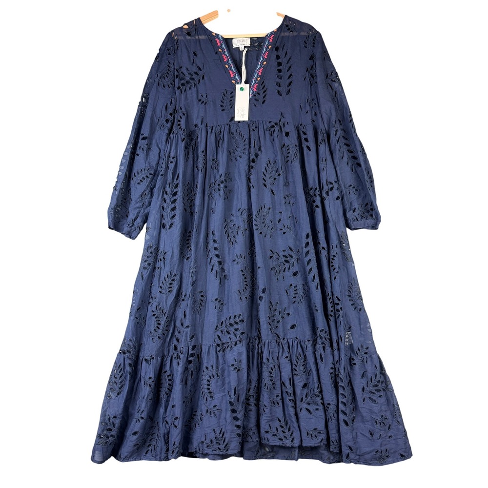 Johnny Was Jade Vera Midi Dress Sapphire Blue Cotton Silk Eyelet L36920-4 S NEW